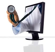 Doctor with stethoscope Reaches out of computer screen.